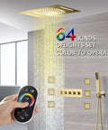 Slick 15 By 23 Inch Rectangular LED Shower Setup With Antique Brass Finish And Integrated Bluetooth Speakers Featuring A Durable Thermostatic Valve For Rainfall Waterfall And Massage Body Jets To Level Up Your Bath Game with LED controls showing water spray.