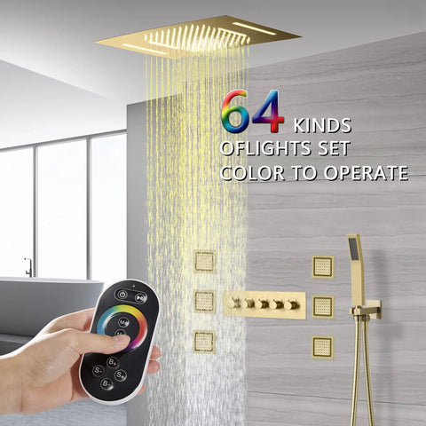 Slick 15 By 23 Inch Rectangular LED Shower Setup With Antique Brass Finish And Integrated Bluetooth Speakers Featuring A Durable Thermostatic Valve For Rainfall Waterfall And Massage Body Jets To Level Up Your Bath Game with LED controls showing water spray.