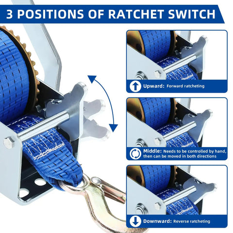 Three positions of ratchet switch on Beefy Heavy Duty Hand Winch 600 lbs with polyester strap and hook for marine use.