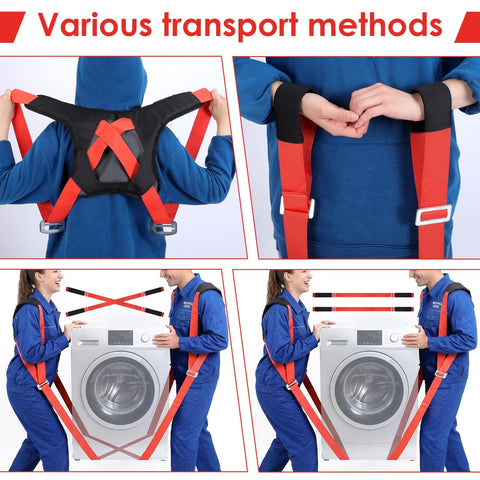 Two Person Moving Straps With Back Support in use lifting a washing machine, demonstrating different methods of transport