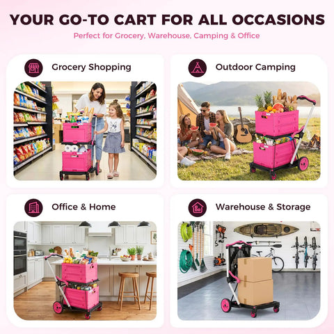 Collapsible Shopping Cart Platform Hand Truck With One Button Fold Adjustable Handle From 90 To 135 Degrees 2-Tier Storage 200 Lb Total Load Easy Fold And Go Perfect For Grocery Runs And Hauling in various settings