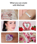 Examples of personalized jewelry and gift items made with WeCreate Laser Engraver, including heart-shaped earrings and engraved bracelets.