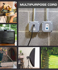 Collage showing multipurpose use of Heavy Duty Outdoor Extension Cord 10 Ft 12 Gauge SJTOW 12/3 3 Prong in various setups