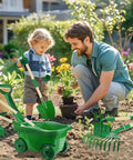Kid Friendly Garden Tools Set With 7 Piece Wheelbarrow Kit Shovel Rake Leaf Rake Gloves And Spray Bottle For Backyard Fun Designed For Little Garden Heroes Ages 2 3 Plus Green in use by child and adult in garden.