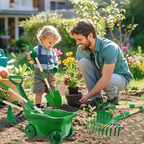 Kid Friendly Garden Tools Set With 7 Piece Wheelbarrow Kit Shovel Rake Leaf Rake Gloves And Spray Bottle For Backyard Fun Designed For Little Garden Heroes Ages 2 3 Plus Green in use by child and adult in garden.