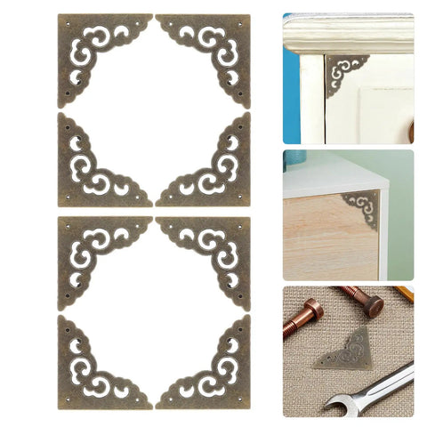 Antique Zinc Alloy Corner Protectors For Wooden Tables And Frames, decorative edge guards shown installed and alongside hardware