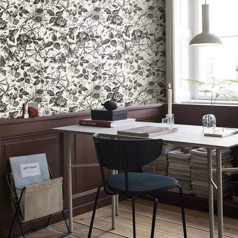 Study with Floral Vintage Peel And Stick Wallpaper With Rose Design Removable Vinyl for Walls behind desk and chair