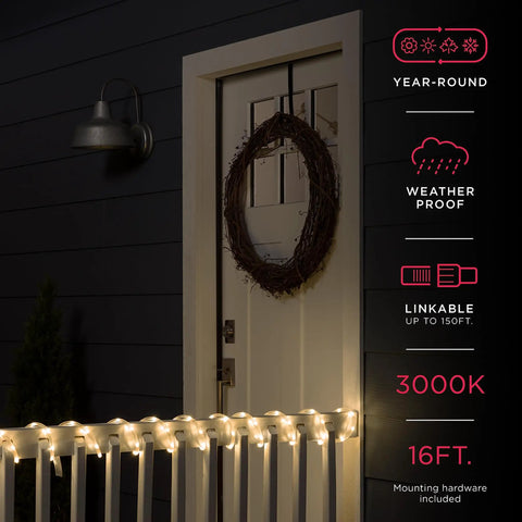 LED Rope Lights 16ft Clear Warm White 3000K for Indoor and Outdoor Use illuminating porch railing