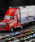 Bright red 18 Car Transporter Truck Toy with 18 mini cars displayed in front, kid-safe car carrier playset, ABS material.