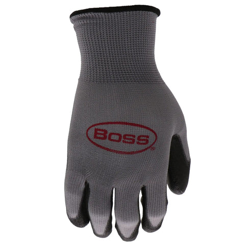 Front view of Men's Grip Polyurethane Coated Work Gloves Ten Pack Water and Chemical Resistant Abrasion Resistant Superior Grip Spandex Backing Black Gray Large For Precision Handling