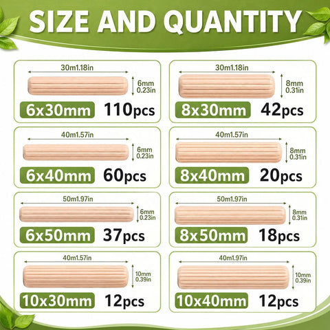 All-In-One 314-Piece Wood Dowels Kit Pro-Grade sizes 6x30mm to 10x40mm quantities for woodworking and DIY projects