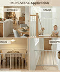 Walk Through Baby And Pet Gate For Stairs And Doorways No Drill Easy Install Adjustable Indoor Safety Gate Pressure Mounted 29 To 38.5 Inch Wide White Metal Gate For Kids And Dogs shown in kitchen, stairs, dining, and doorway settings.
