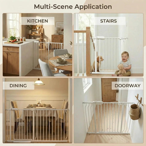 Extra Wide Baby Gate For Stairs And Doorways Fits 67 To 71.5 Inches No Drilling Pressure Mounted Pet Gate shown in kitchen, stairs.