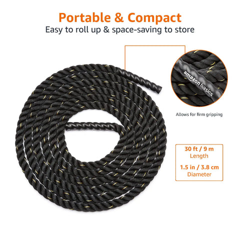 Beast Mode Heavy Battle Rope For Home Gym Crossfit And Cardio Sessions, 1.5 Inch Diameter By 30 Feet Length Three Strand Dacron With Protective Cover For Serious Strength Training And Legit Conditioning Workouts