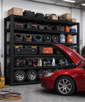 Heavy Duty Garage Shelving 6 Tier Steel Storage Rack 6000 Lbs Capacity Built Like A Tank Adjustable Metal Shelf Unit For Warehouse Workshop Tool Organization And Storage with tools and storage bins.