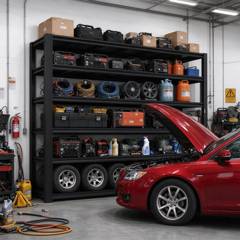 Heavy Duty Garage Shelving 6 Tier Steel Storage Rack 6000 Lbs Capacity Built Like A Tank Adjustable Metal Shelf Unit For Warehouse Workshop Tool Organization And Storage with tools and storage bins.