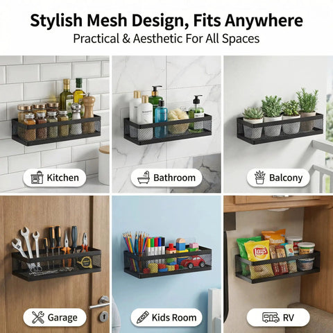 Heavy Duty Mesh Shower Caddy Wall Mount With Grip Tight Adhesive Bathroom Shelf Organizer Rust Proof Kitchen Pantry Rack Holds Heavy Gear Up To Fifty Pounds Nailed Easy Install Black Two Pack Bundle
