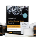 Total Game Changer Leather Steering Wheel Repair Kit features cleaner, binder, and prep pad for restoring leather surfaces.