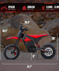 Off Road Electric Dirt Bike For Teens And Adults With A 2600W Peak Motor, showing dimensions of frame and wheels in outdoor setting.
