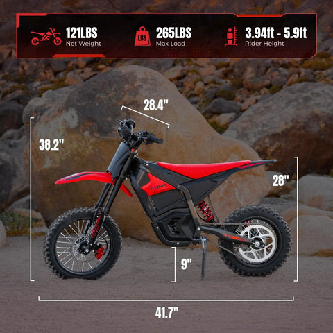 Off Road Electric Dirt Bike For Teens And Adults With A 2600W Peak Motor, showing dimensions of frame and wheels in outdoor setting.