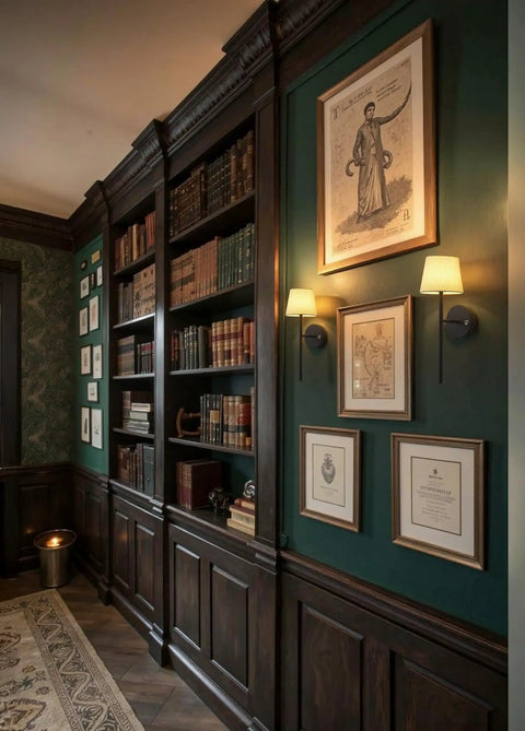 Rechargeable Battery Wall Sconces Set Of Two Black Cordless Lights For Modern Homes No Sweat Install on a green wall with books.