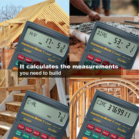 Spanish Display Construction Master 5 Foot Inch Fraction Calculator for layout and cut lists in building sites.