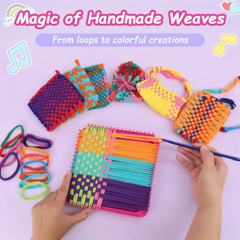 Weaving Loom Kit For Kids And Adults DIY Arts And Crafts Starter Set with colorful loops, potholder loom, and tools displayed.