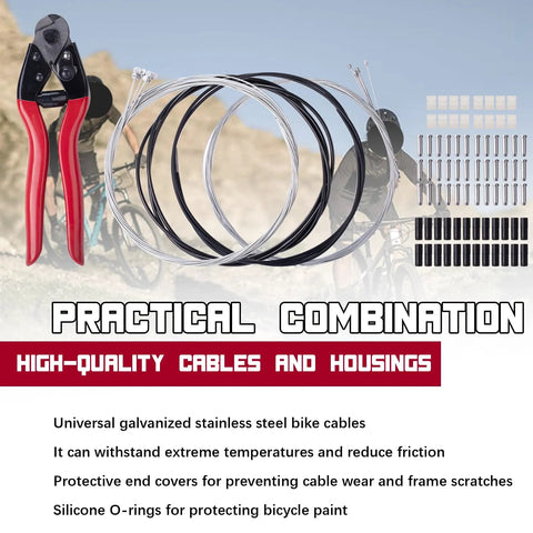 All In One Steel Bike Brake And Shifter Cable Kit With Stainless Cutter and various components displayed outdoors