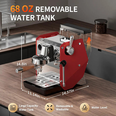 Heavy Duty Semi Automatic Espresso Maker With 15Bar Extraction Power And Quick Dial Milk Frother Steam Wand For Dope Shot Pulls And No Hassle Home Kitchen Setup with 68 oz removable water tank.