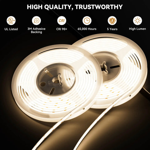 48ft COB LED Strip Lights Crazy Bright 4000K Natural White For Cabinets And Home DIY Lighting 504 LEDs Per Meter Flexible 24V Tape High CRI 90 Smooth Even Glow Includes 2 COB Connectors Power Supply Not Included reels glowing on black background