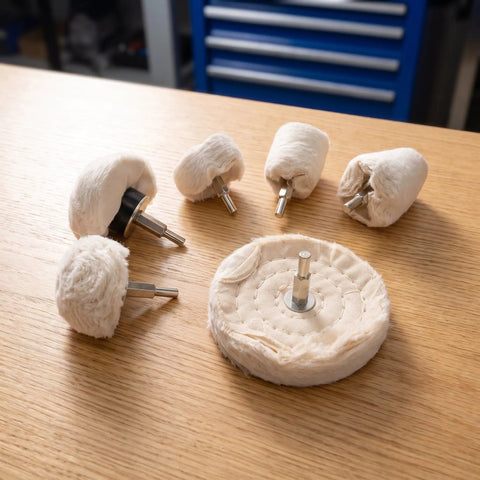 6 Pack Soft White Polishing Pads For Drill With 1/4 Inch Shank, showing soft cotton wheels for car paint detailing.