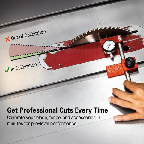 Pro Grade Saw Gauge Calibrator For Precision Blade, Fence, And Jig Alignment With A Half Inch Dial Indicator Built Tough From 6061 Aluminum And Hard Anodized For Lasting Durability In The Shop on table saw