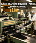 Black graphite powder in pencil manufacturing machine with workers in the background in a factory setting.
