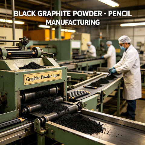 Black graphite powder in pencil manufacturing machine with workers in the background in a factory setting.