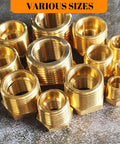 Brass reducing pipe fittings set with hex bushings in multiple sizes, 3/4in to 1/2in NPT adapters.