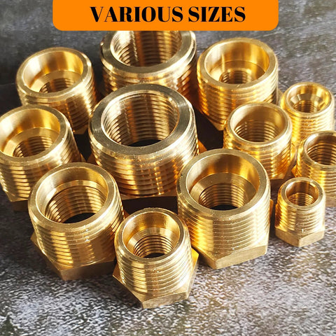 Brass reducing pipe fittings set with hex bushings in multiple sizes, 3/4in to 1/2in NPT adapters.