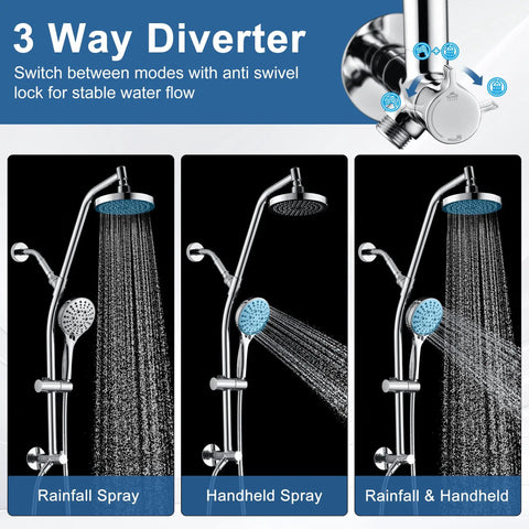 Rain Shower Head With Handheld Combo, high pressure dual shower system showing 3-way diverter and sprays, chrome finish