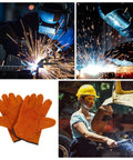 Full Leather Short Welding Gloves For Men, Heat Resistant And Abrasion Resistant Hand Protection, pair displayed with welding scenes