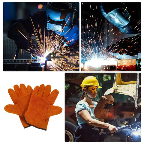 Full Leather Short Welding Gloves For Men, Heat Resistant And Abrasion Resistant Hand Protection, pair displayed with welding scenes