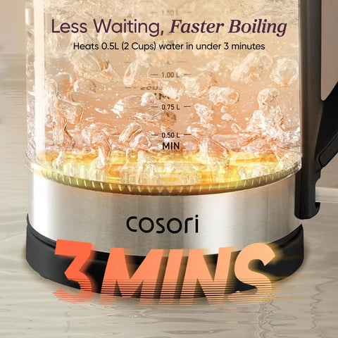 Close-up of No Plastic Water Contact Electric Kettle With Wide Mouth Borosilicate Glass 1.7L boiling water in 3 minutes