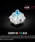 Premium Gaming Keyboard With Clicky Cherry Mx Blue Switches And Dope Rgb Backlighting Cherry Mx Blue switch close-up on black background.