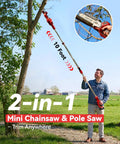 Man using 2-In-1 Cordless Pole Saw And Mini Chainsaw, 8-Inch Brushless Bar, Dual 4000mAh Batteries on tree branch.
