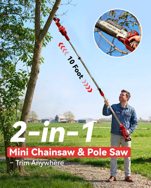 Man using 2-In-1 Cordless Pole Saw And Mini Chainsaw, 8-Inch Brushless Bar, Dual 4000mAh Batteries on tree branch.