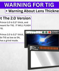 Auto Darkening Welding Lens One Point Zero Shade Five To Thirteen Silver Front With Light Blue Weld View Two By Four And A Quarter Inch Size Ridge Royal Series Pro Grade Weld Shield For Helmets with warning for TIG use and lens thickness information.