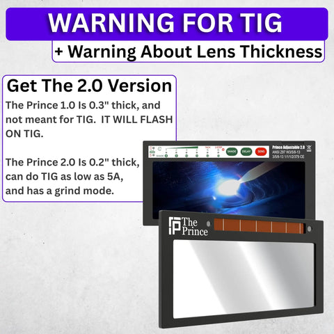 Auto Darkening Welding Lens One Point Zero Shade Five To Thirteen Silver Front With Light Blue Weld View Two By Four And A Quarter Inch Size Ridge Royal Series Pro Grade Weld Shield For Helmets with warning for TIG use and lens thickness information.