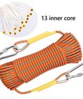 Outdoor Climbing Rope 32ft Escape Rope For Rock Climbing And Fire Rescue, 13 core parachute orange rope close-up with carabiners