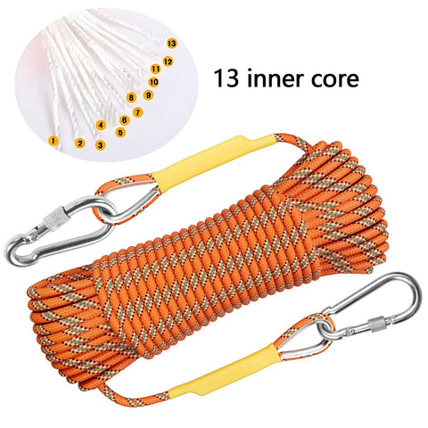 Outdoor Climbing Rope 32ft Escape Rope For Rock Climbing And Fire Rescue, 13 core parachute orange rope close-up with carabiners