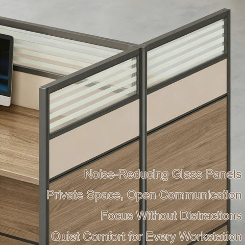 No Nonsense Slick Modular Office Cubicle Workstation Desk Featuring Heavy Duty Tempered Glass Screens and Rapid USB Power Port Coupled With Rolling Storage Cabinet Built For Dedicated Team Hustles with noise-reducing glass panels.