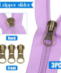 3-piece zipper slider set on purple fabric, front and back views shown. Zipper Repair Kit 62 Piece Metal Zipper Parts Retainer Box Zipper Pull Replacement Top Stop Bottom Stop Fix Zipper Head For On The Go Repairs Of Coats Jackets Tents Backpacks Sleeping Bags Luggage