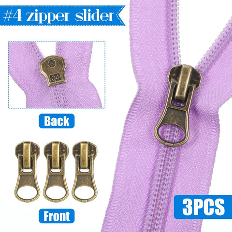 3-piece zipper slider set on purple fabric, front and back views shown. Zipper Repair Kit 62 Piece Metal Zipper Parts Retainer Box Zipper Pull Replacement Top Stop Bottom Stop Fix Zipper Head For On The Go Repairs Of Coats Jackets Tents Backpacks Sleeping Bags Luggage